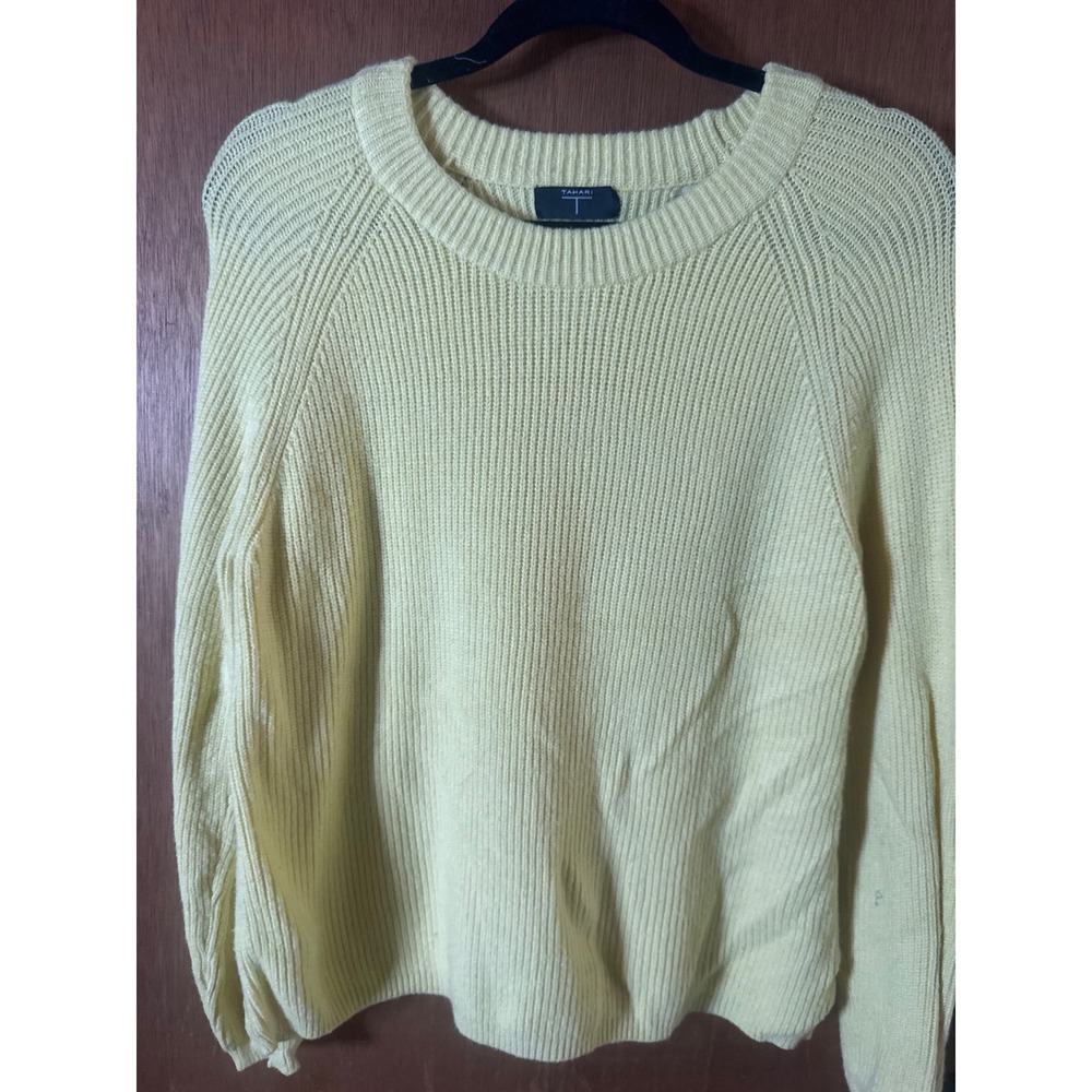 Tahari‎ Womens Ribbed Crewneck Raglan Sleeve Knit Sweater Yellow Large RN 93178